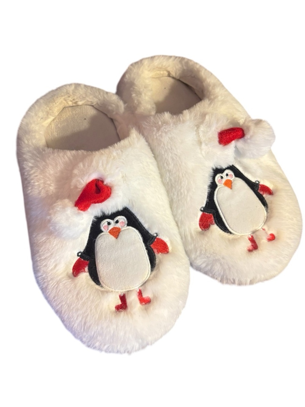 Cozy White Penguin Fuzzy Slippers with Red Accents